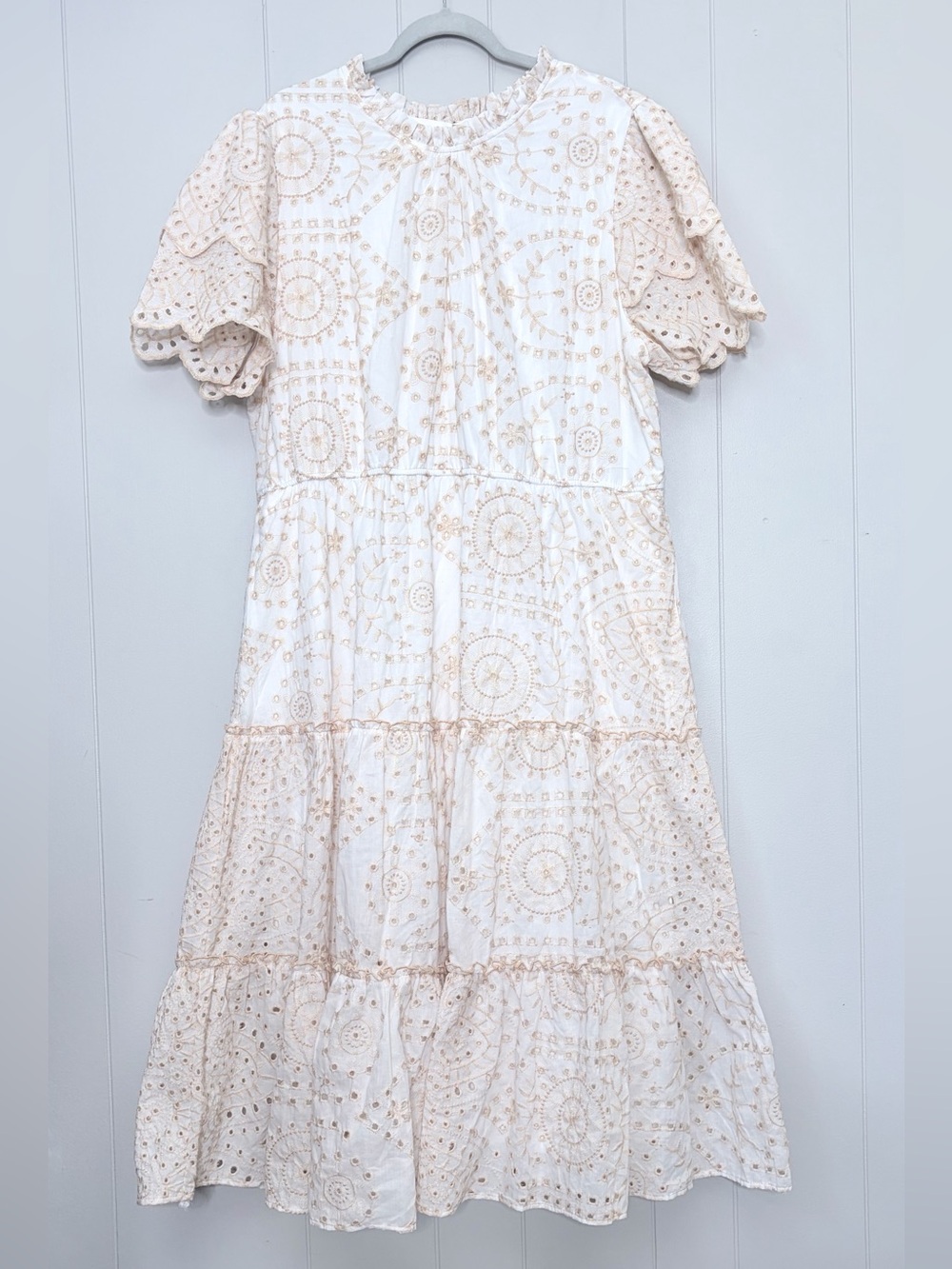 NWT Baltic Born White Beige Eyelet Embroidered Tiered Midi Dress Wedding 2X